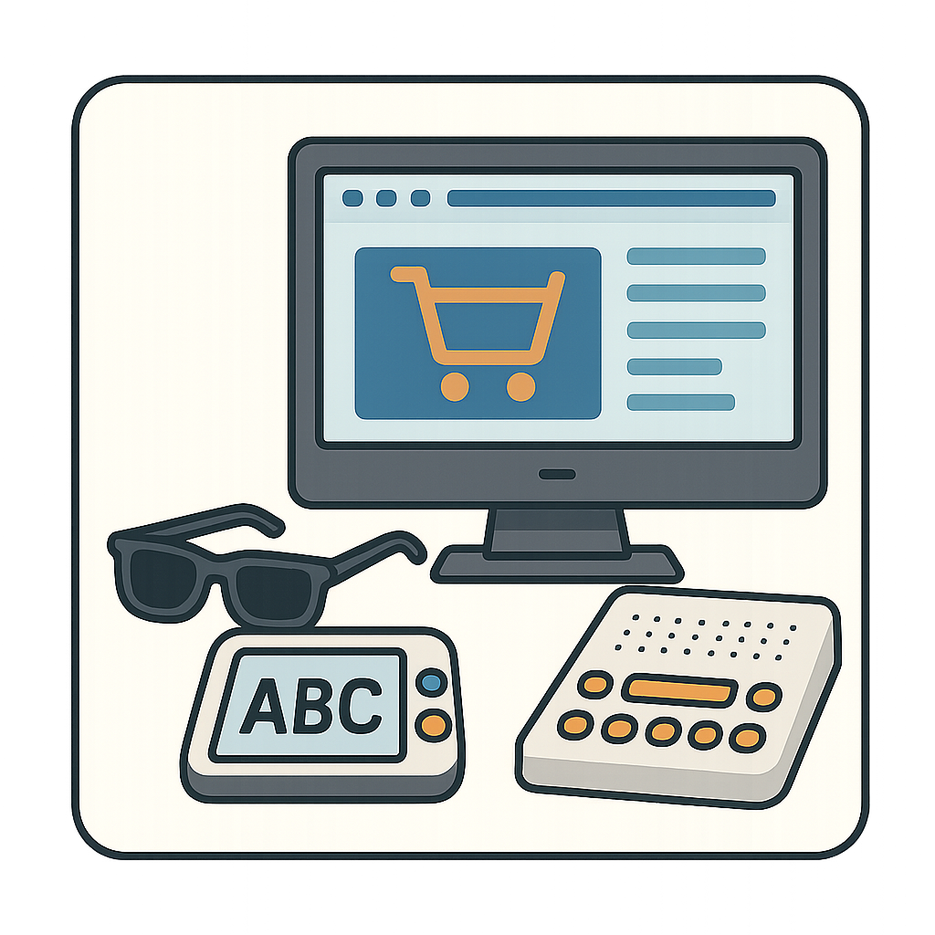 Ilustrační obrázek přípravy e-shopu. V horní části obrázku je monitor, který zobrazuje ikonu nákupního košíku. Před monitorem jsou umístěny černé brýle, zařízení s displejem zobrazujícím písmena ABC a další zařízení s tlačítky a horizontální lištou. Celkově se zdá, že obrázek naznačuje využití technologie pro podporu přístupnosti, možná pro zrakově postižené uživatele při online nakupování.